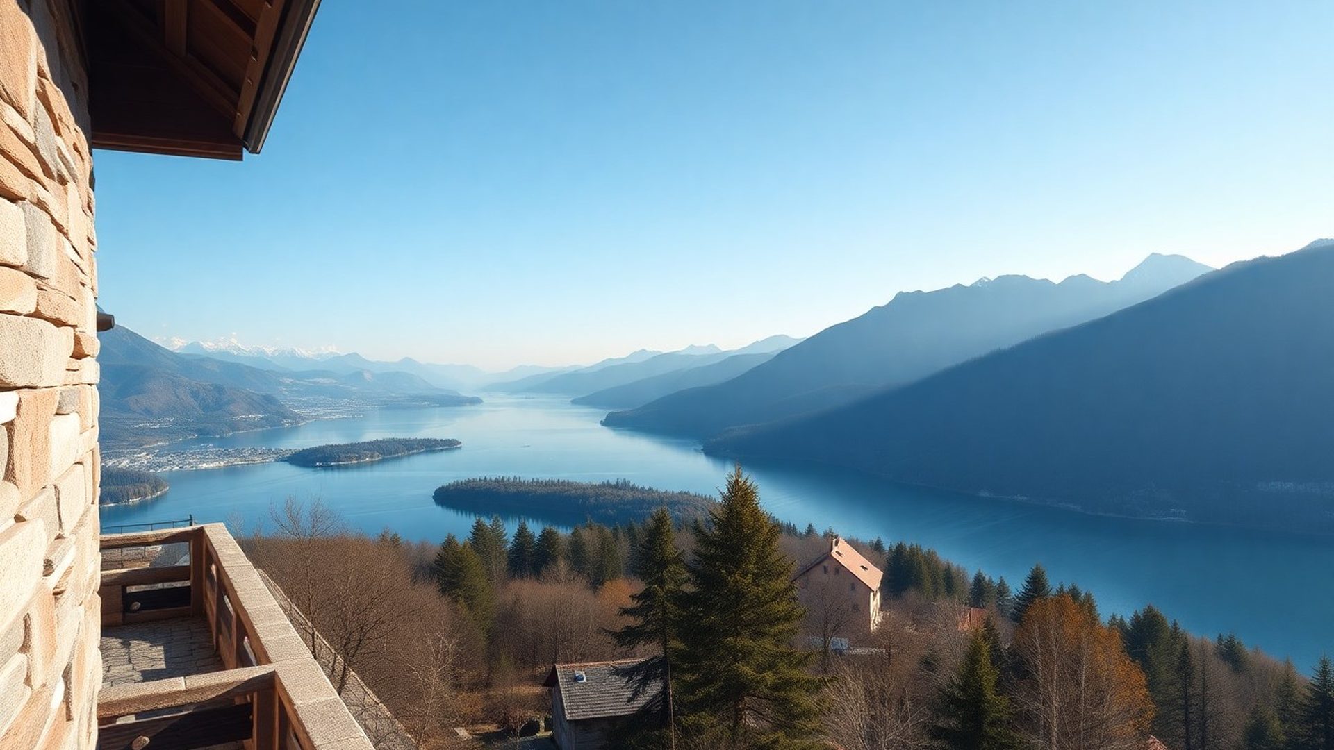 Panoramski pogled na Bled in alpske vrhove v jutranji svetlobi