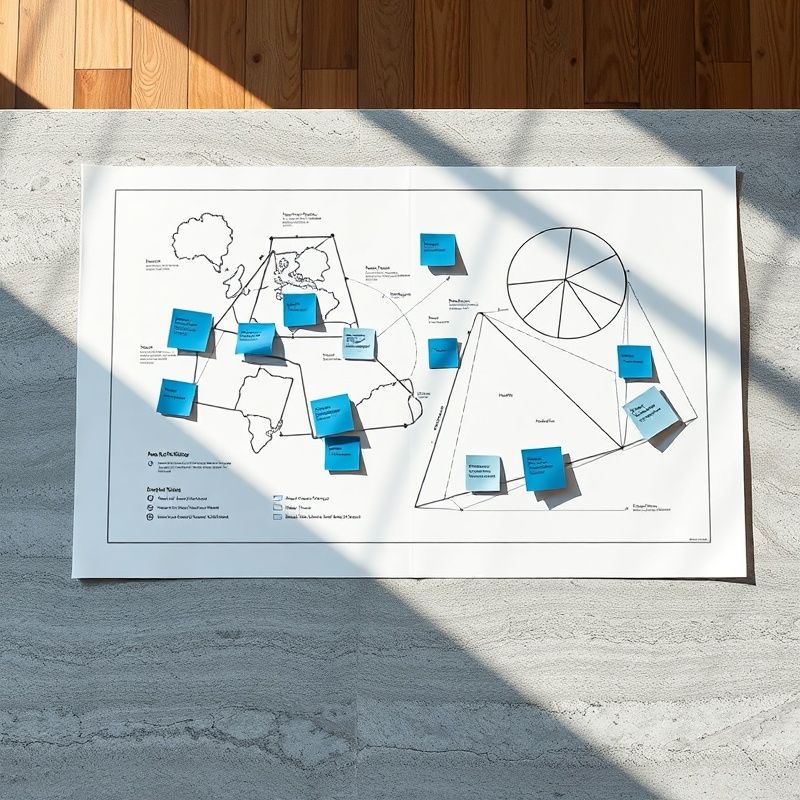 Strateški zemljevid na kamniti mizi z indigo lističi in geometrijskim diagramom
