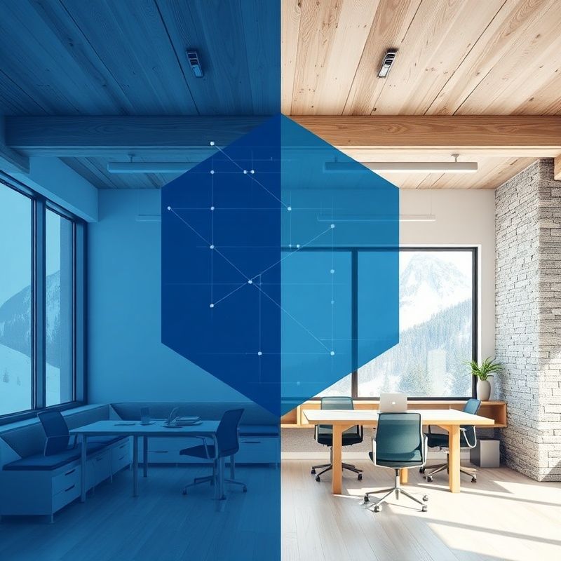 Svetla alpska pisarna z geometrijskim indigo prekritjem, ki simbolizira organizacijsko preobrazbo
